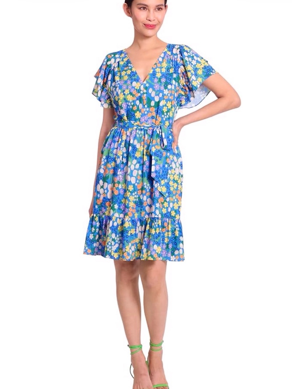 New with Tags Maggy London Blue Floral V Neck Flutter Sleeve Dress sz 12